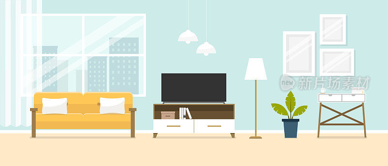 Interior of the living room. Design of a cozy room with sofa, TV stand, window and decor accessories.